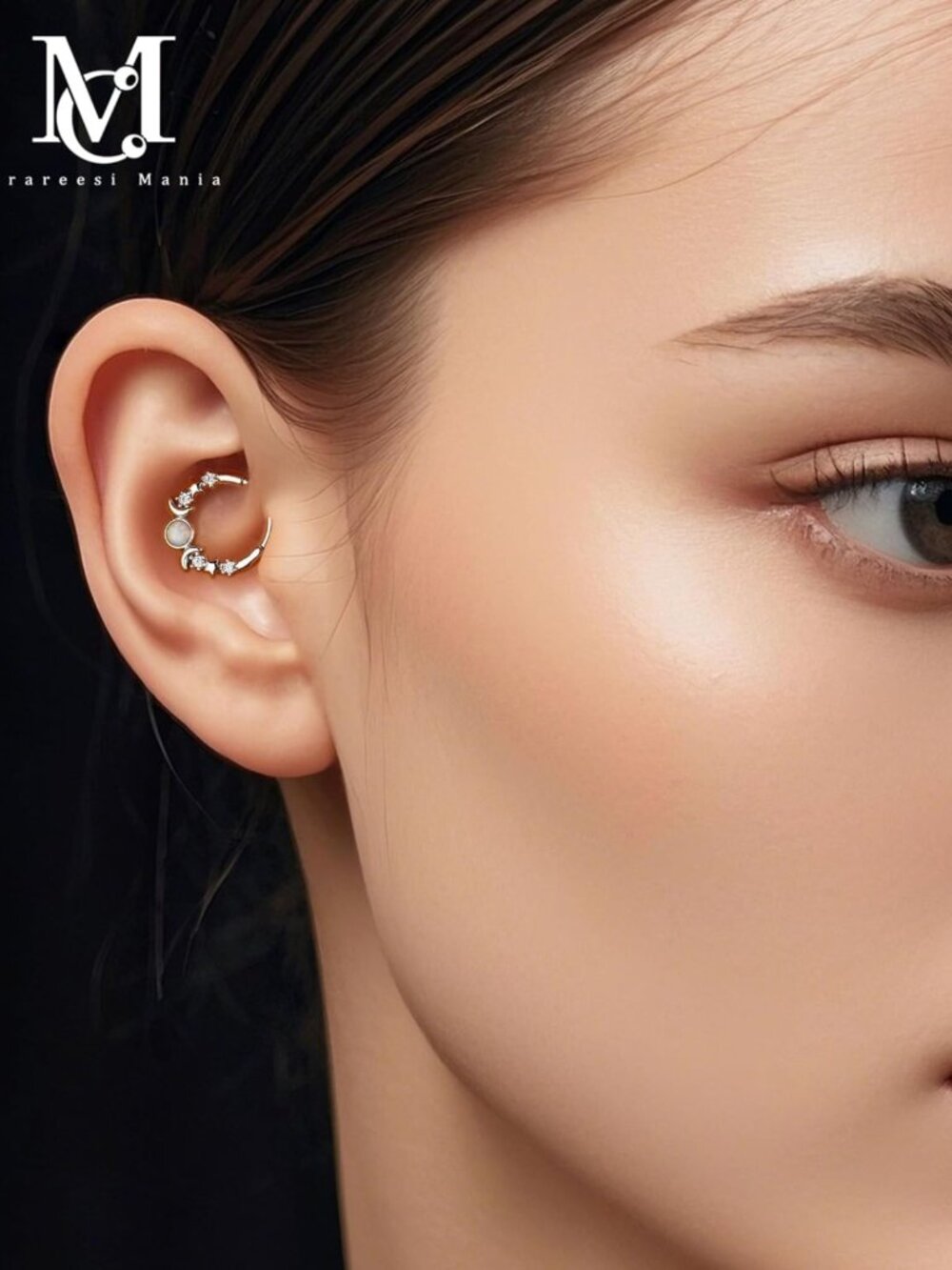 Opal Moon Phase Septum Ring 16G - Stainless Steel Daith Piercing Hoop Jewelry - Picture 3 of 7